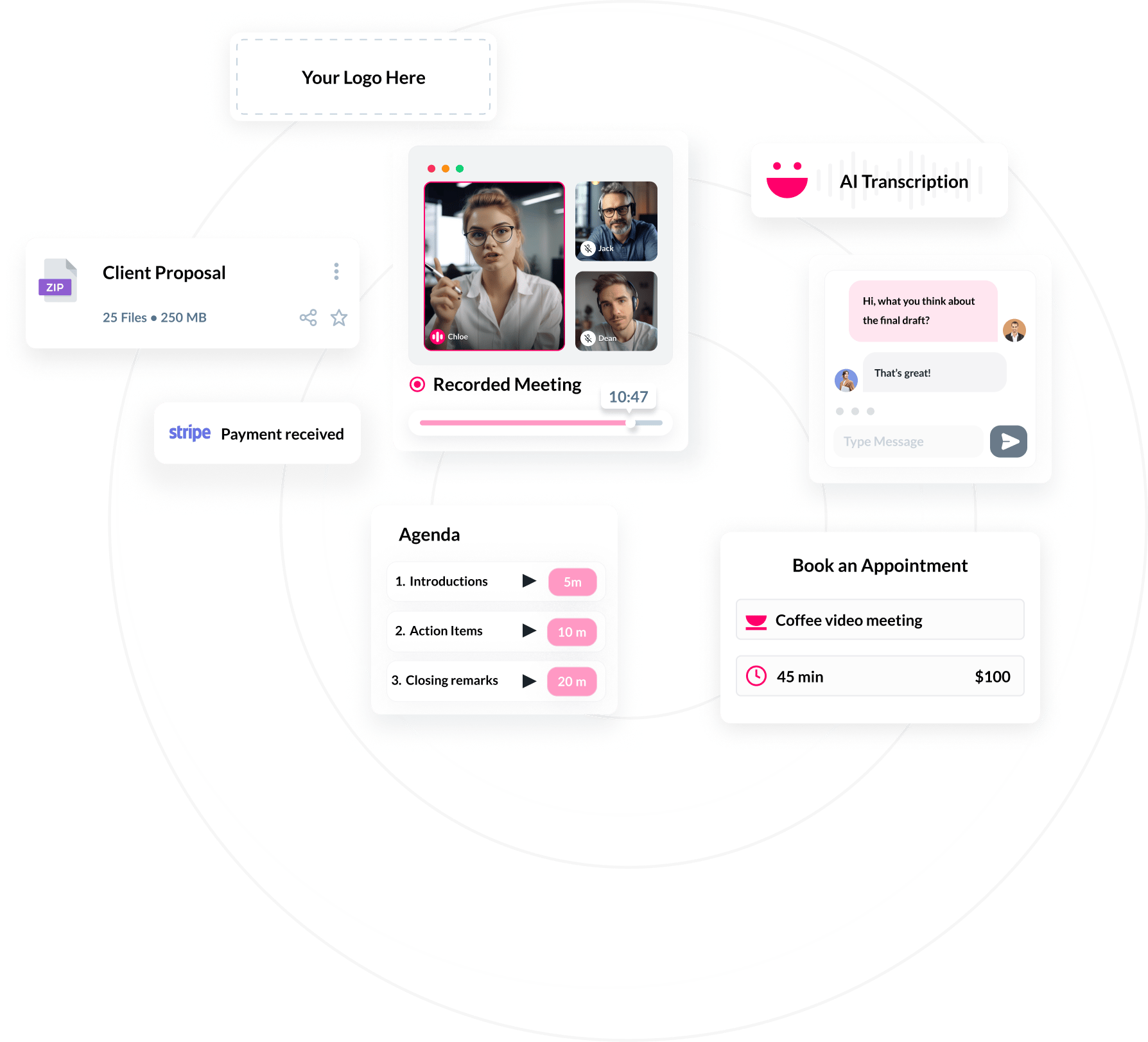 Coffee meetings, client chat, transcription, and appointment scheduling